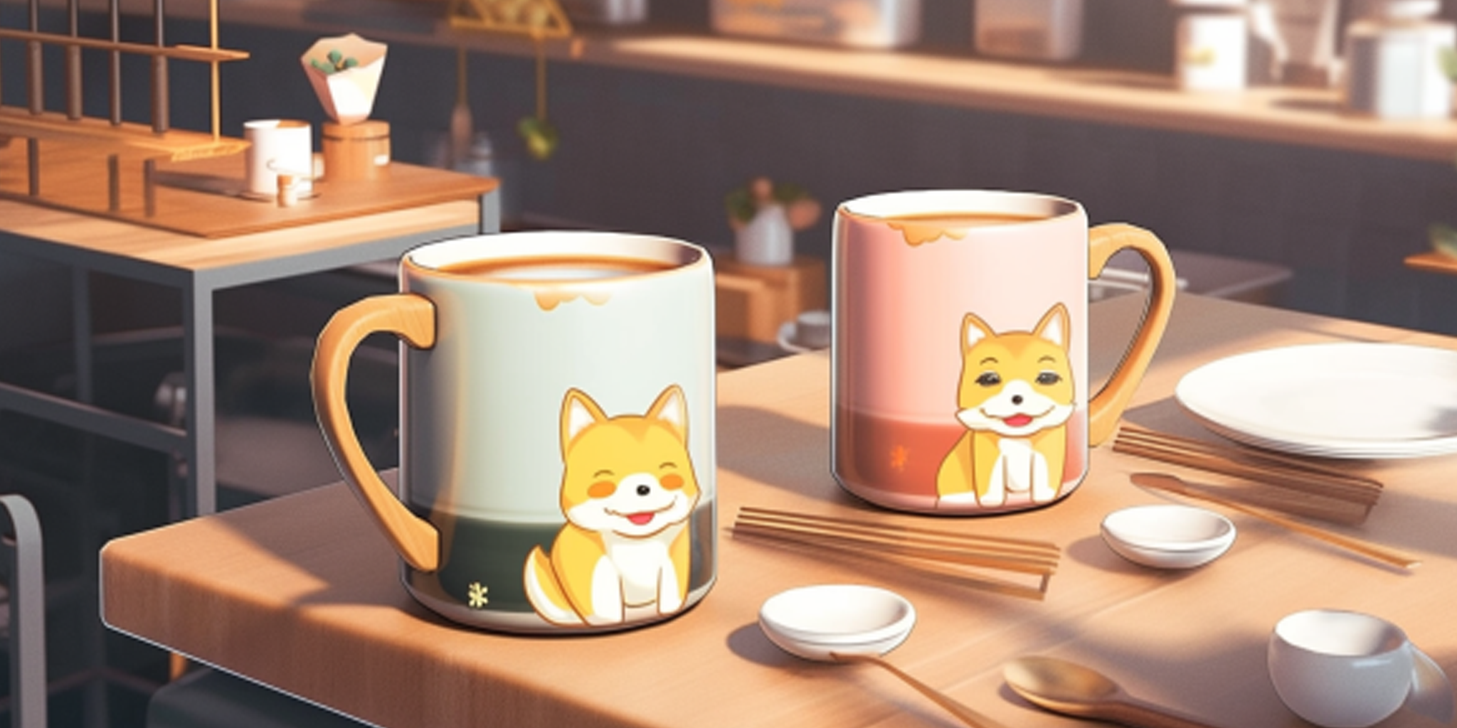 Adorable Shiba Inu ceramic mugs in green and white, featuring a wooden handle and a Shiba Inu figurine, displayed with a slice of lemon.