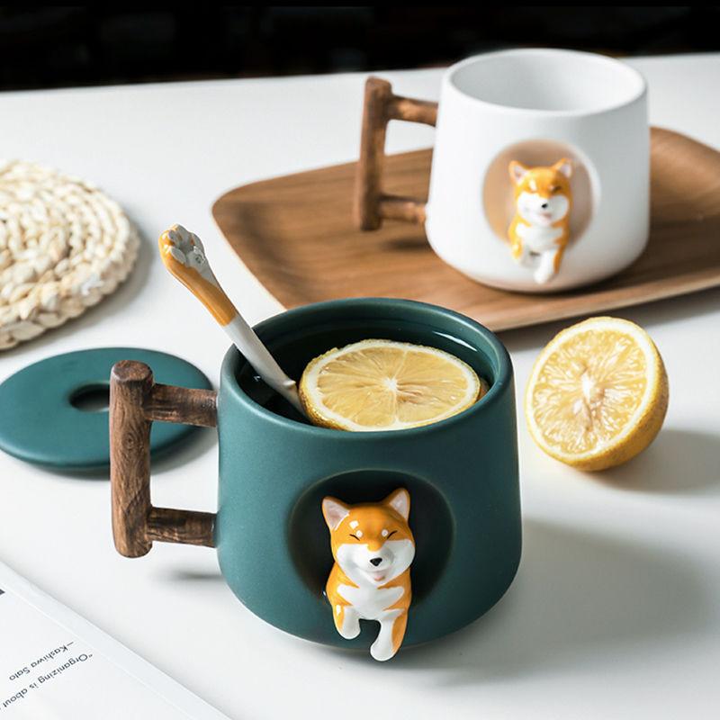 420ml Lovers Shiba Inu & Corgi Ceramic Mug with Lid | Cute Cartoon Dog Mug with Optional Coaster for Coffee & Tea Lovers