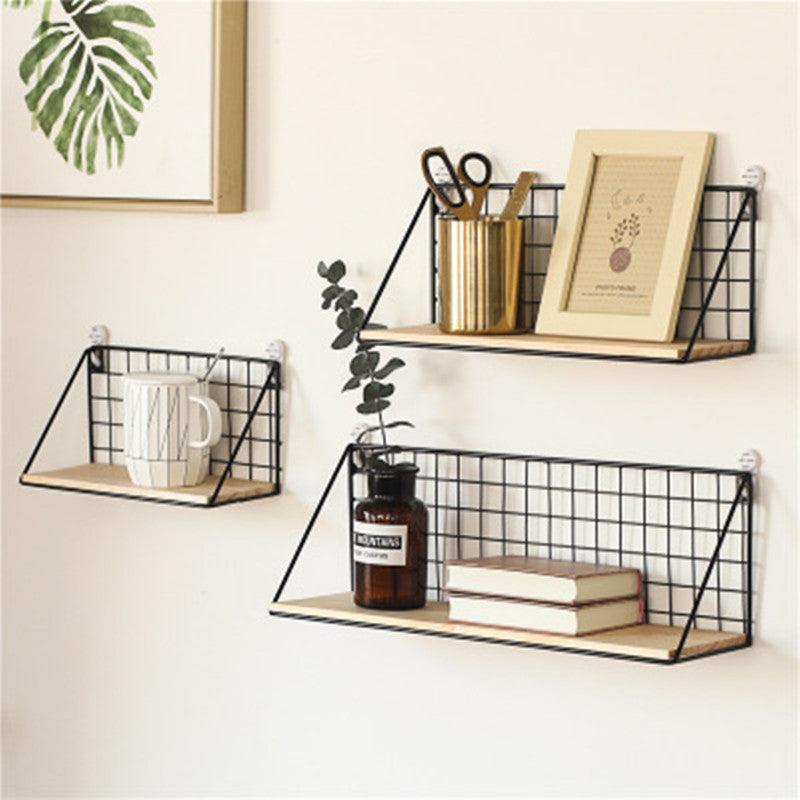 Japanese Style Wrought Iron Wall Hanging Basket – Simple and Creative Storage Shelf with Solid Wood Board