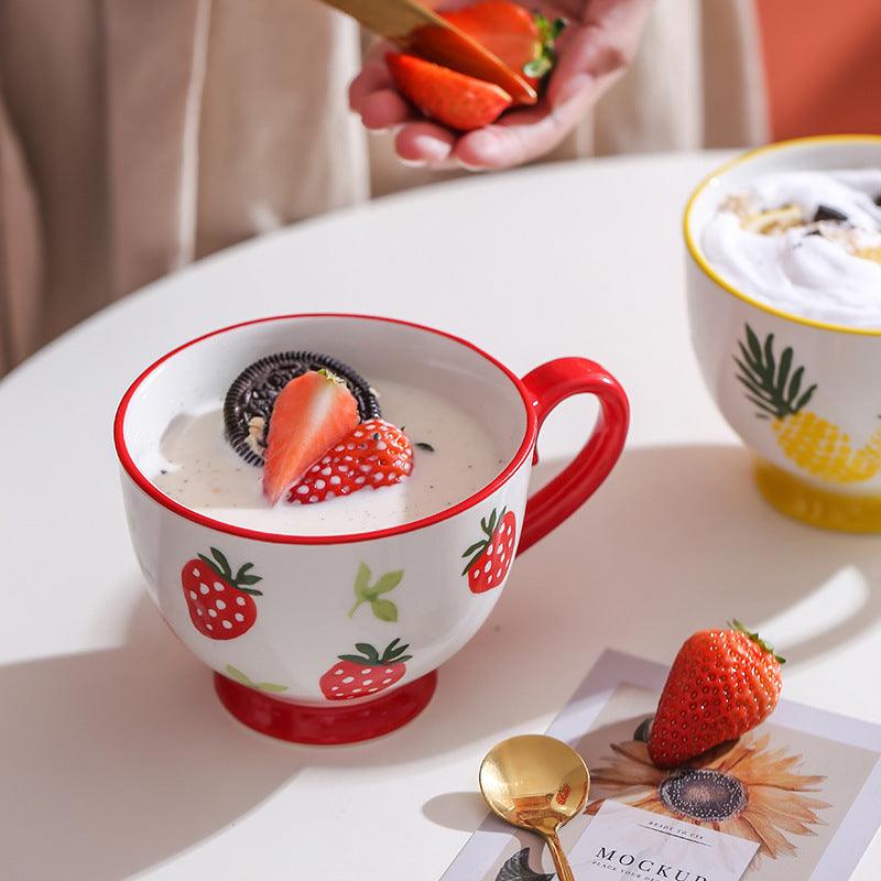 Cute Large-Capacity Ceramic Coffee Mug – Hand-Painted Flower Design in Strawberry and Pineapple Themes