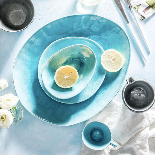 Nordic Creative Ice Cracked Glaze Drip Plate – Japanese Style Flat Bone China Plate with Drop Shape