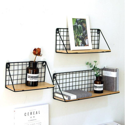 Japanese Style Wrought Iron Wall Hanging Basket – Simple and Creative Storage Shelf with Solid Wood Board