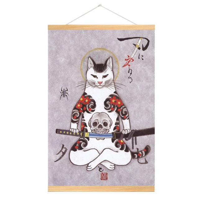 HD Chinese Fir Painting Japanese Style Samurai Cat Canvas Painting