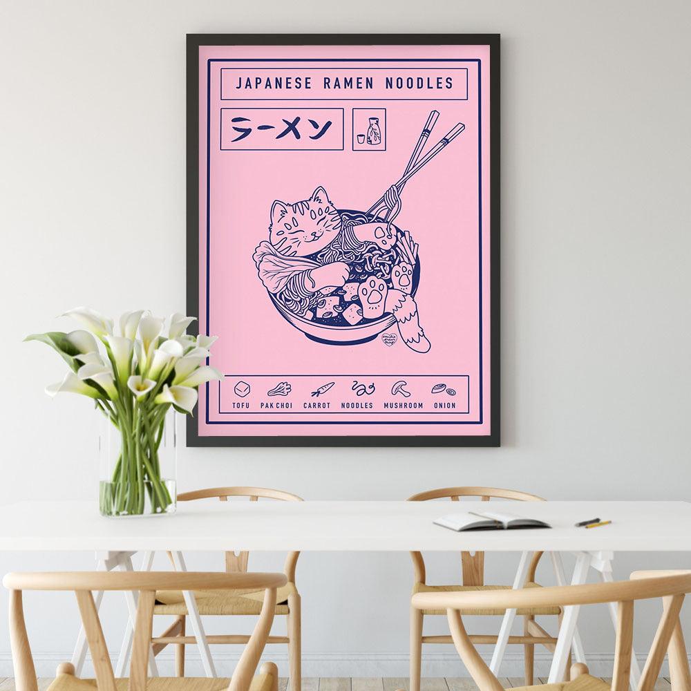 Funny Japanese Ramen Cartoon Cat Animal Canvas Painting