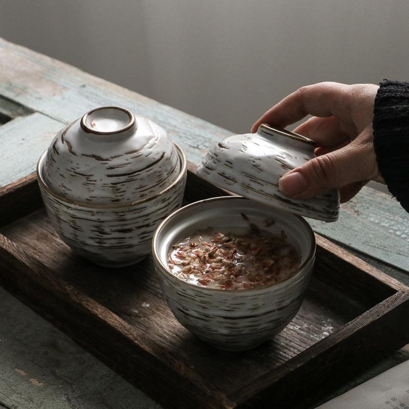 Hand-Painted Japanese Ceramic Bowl with Lid – Porcelain Tureen, 10cm, Striped Design