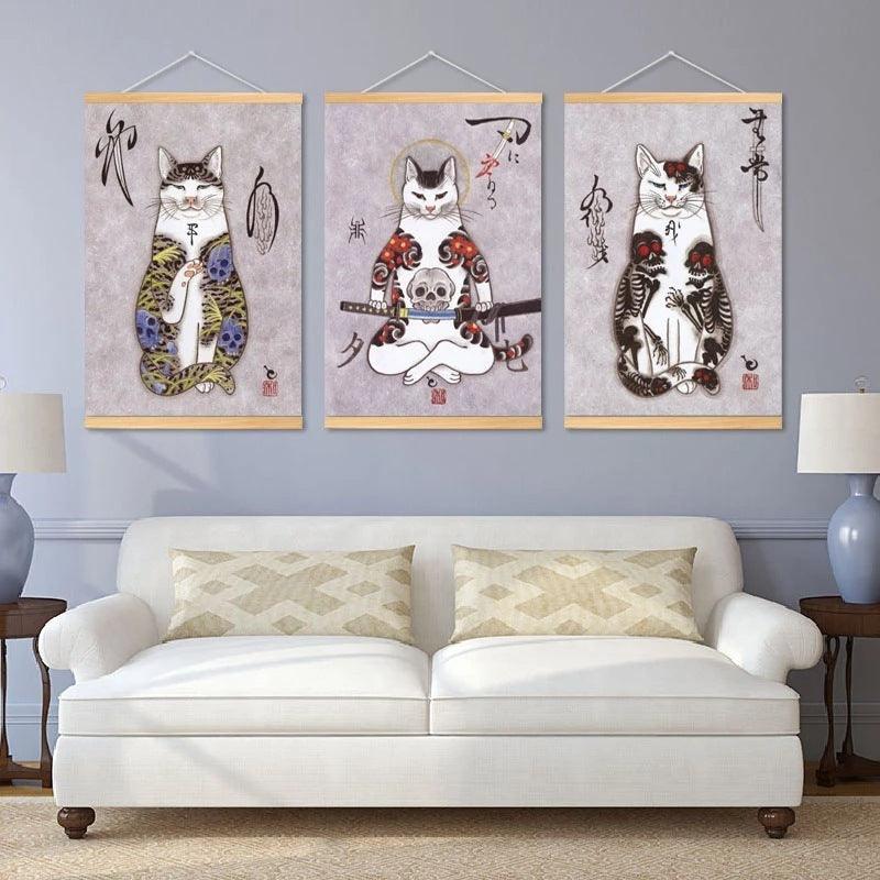 HD Chinese Fir Painting Japanese Style Samurai Cat Canvas Painting