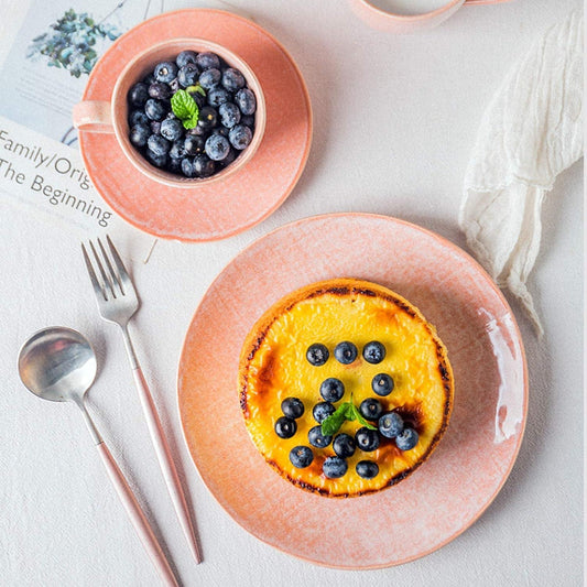 Japanese Textured Porcelain Tableware – Pink Circular Plates, Bowls, and Mugs with Color Glaze Finish