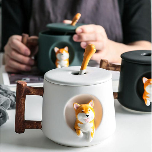 420ml Lovers Shiba Inu & Corgi Ceramic Mug with Lid | Cute Cartoon Dog Mug with Optional Coaster for Coffee & Tea Lovers