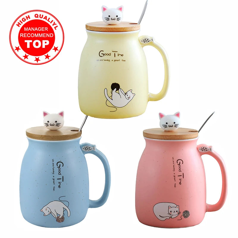 450ml Creative Color Cat Heat-Resistant Ceramic Mug with Lid | Cute Cartoon Coffee Cup for Kids & Office | Perfect Gift