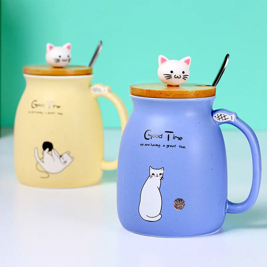 450ml Creative Color Cat Heat-Resistant Ceramic Mug with Lid | Cute Cartoon Coffee Cup for Kids & Office | Perfect Gift