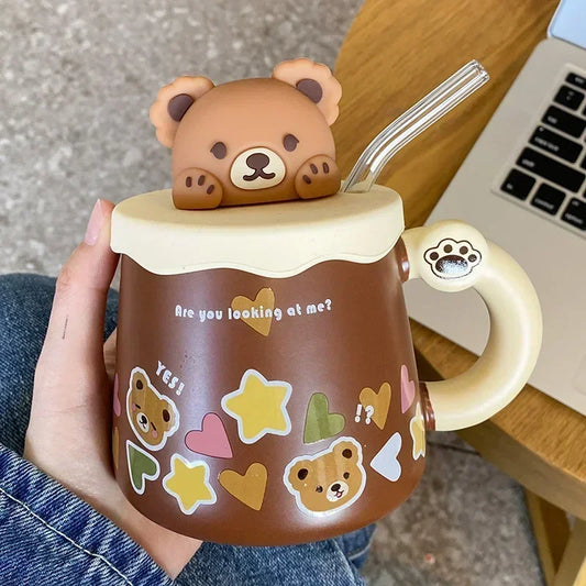 450ml Cute Ceramic Coffee Cups with Lid and Spoon | Bear Design Breakfast Mug for Milk, Juice, Water | Perfect for Home, Office, Couples