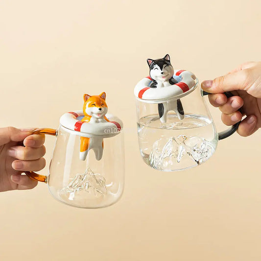 380ml Korean Creative Ins Style Glass Mug with Lid & Spoon | Cute Shiba Inu & Husky Coffee and Milk Tea Cup | Perfect Gift for Couples