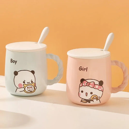 420ml Kawaii Cartoon Yier Bubu Dudu Ceramic Mugs with Lid & Spoon | Mitao Panda Coffee & Milk Cup | Perfect Birthday Gift