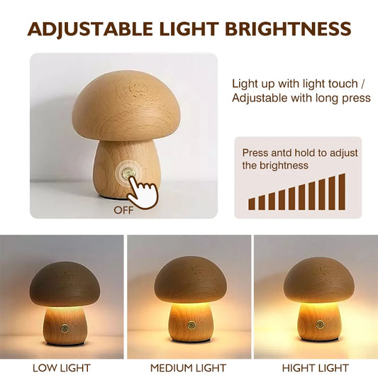 Walnut & Beech Wood Mushroom Night Light | Dimmable USB Bedside Lamp with Touch Switch | Cozy Bedroom Lighting