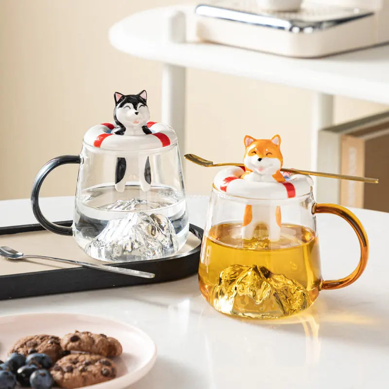 380ml Korean Creative Ins Style Glass Mug with Lid & Spoon | Cute Shiba Inu & Husky Coffee and Milk Tea Cup | Perfect Gift for Couples