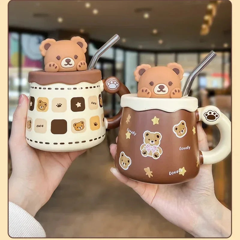 450ml Cute Ceramic Coffee Cups with Lid and Spoon | Bear Design Breakfast Mug for Milk, Juice, Water | Perfect for Home, Office, Couples