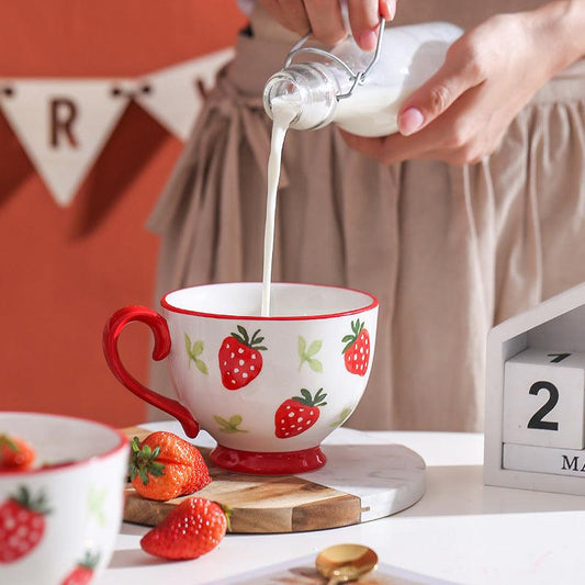 Cute Large-Capacity Ceramic Coffee Mug – Hand-Painted Flower Design in Strawberry and Pineapple Themes