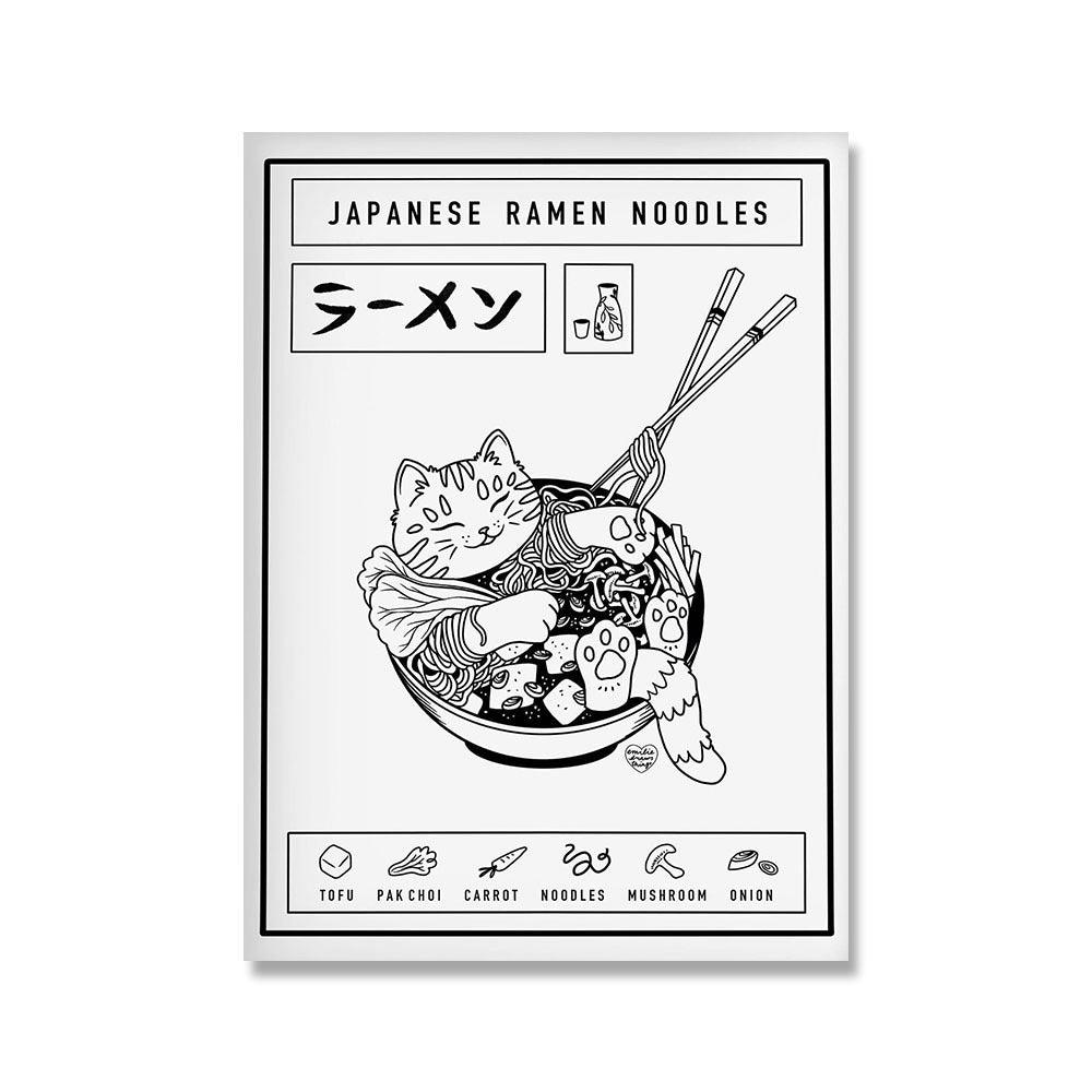 Funny Japanese Ramen Cartoon Cat Animal Canvas Painting